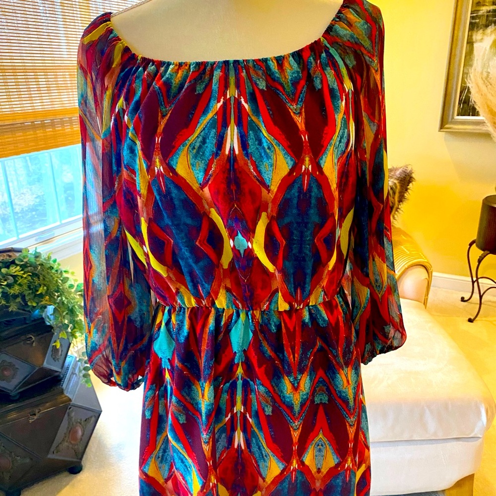 Alice+Olivia Vibrant Multicolor Off-Shoulder Dress. Silky